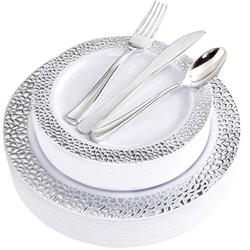 Product Cover BUCLA 25 Guest Silver Plastic Plates with Disposable Plastic Silverware, Hammered Design Plastic Tableware include 25 Dinner Plates,25 Salad Plates,25 Forks, 25 Knives, 25 Spoons