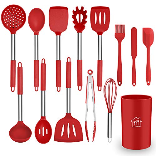Product Cover Silicone Cooking Utensil Set, AILUKI Kitchen Utensils 14 Pcs Cooking Utensils Set,Non-stick Heat Resistant Silicone,Cookware with Stainless Steel Handle - Red