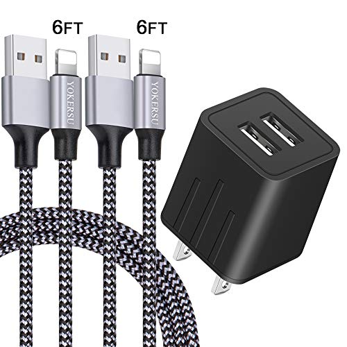 Product Cover iPhone Charger, YOKERSU Fast Charging 2Pack 6Ft Nylon Braided Lightning Cable Data Sync Transfer Cord with 2-Port Plug Wall Charger (ETL Listed) Compatible with iPhone XS MAX/XR/X/8/7/6S/6/Plus/iPad