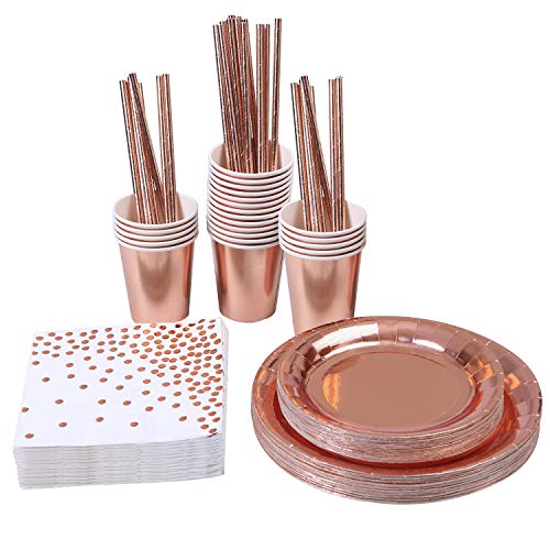 Product Cover Aneco 146 Pieces Rose Gold Party Supplies Party Tableware Foil Paper Plates Napkins Cups Straws for Weddings, Anniversary, Birthday for 24 Guests