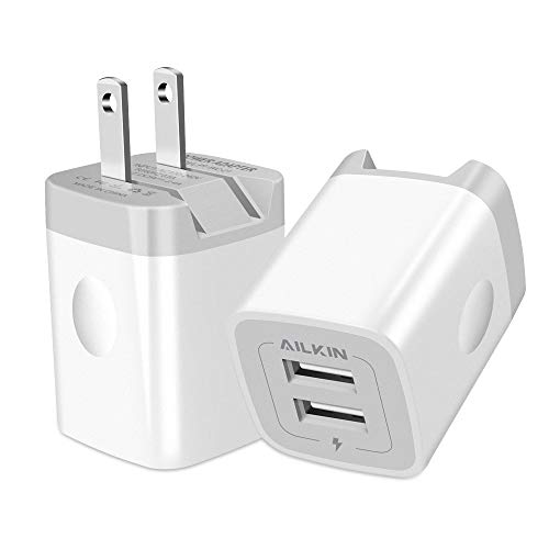 Product Cover USB Wall Charger, Foldable Charger Adapter, Ailkin 2Pack 2.4Amp Dual Port Quick Charger Plug Cube Replacement for Phone 11Pro Max/X/XS/XR/8/7/6S Plus, Samsung Galaxy S10/S9/S8 Edge, LG, HTC, Kindle
