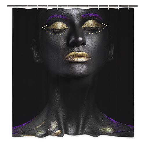 Product Cover Afro Girl Shower Curtain, Gold Lips Black Girl Shower Curtain with 12 Hooks African American Woman Shower Curtain Waterproof and Durable Bathroom Shower Curtain
