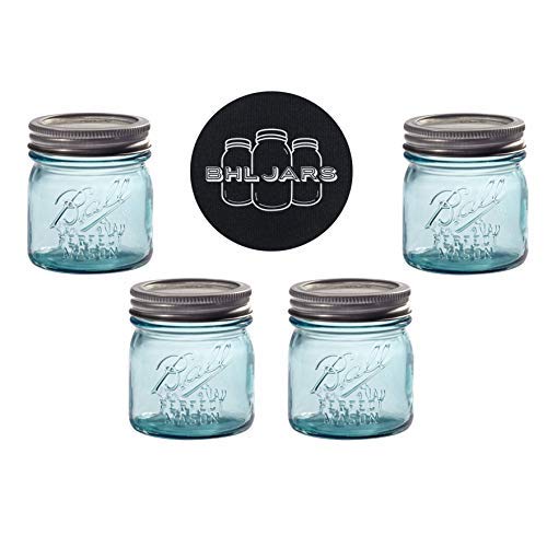 Product Cover Ball Mason Jars 8 oz Regular Mouth Turquoise Colored Glass Bundle with Non Slip Jar Opener- Set of 4 Half Pint Size Mason Jars - Canning Glass Jars with Lids