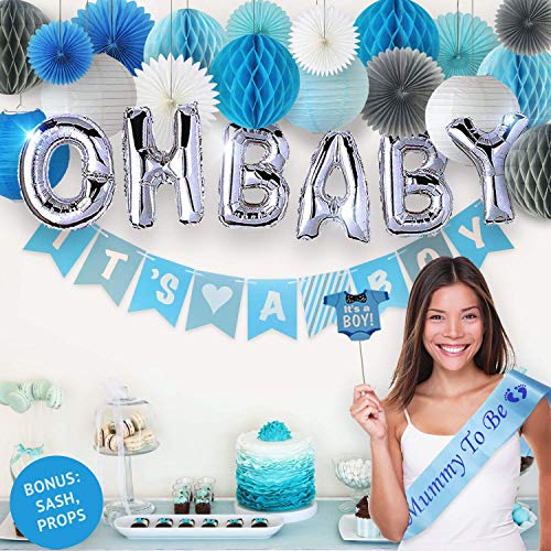 Product Cover PGNART Baby Shower Decorations for Boy Kit 58 PIECES | It's A BOY Banner | OH BABY Balloon | Mom To Be Sash | Photo Props | Garland Bunting Banner | Paper Lanterns | Honeycomb Balls | Tissue Paper Fan