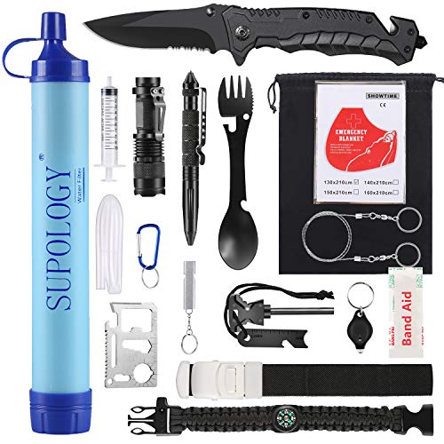 Product Cover SUPOLOGY Emergency Survival Gear Kits -23 in 1 Outdoor Tactical Tools for Hiking/Adventures/Climbing Necessary - Water Filter,Flashlight,Tactical Pen,Spoon Fork,Survival Bracelet, Fire Starter ect.