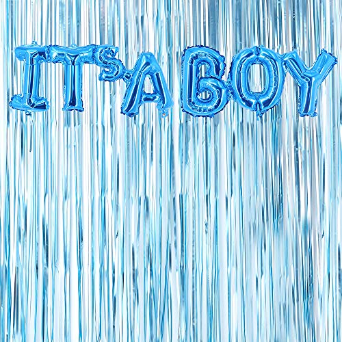Product Cover Blue Metallic Fringe Curtains & It's A Boy Foil Balloon Kit- Baby Shower Decorations Blue Wall Decoration Pastel Blue Photo Prop Backdrop Boys Birthday Party (Blue, Pack of 2)