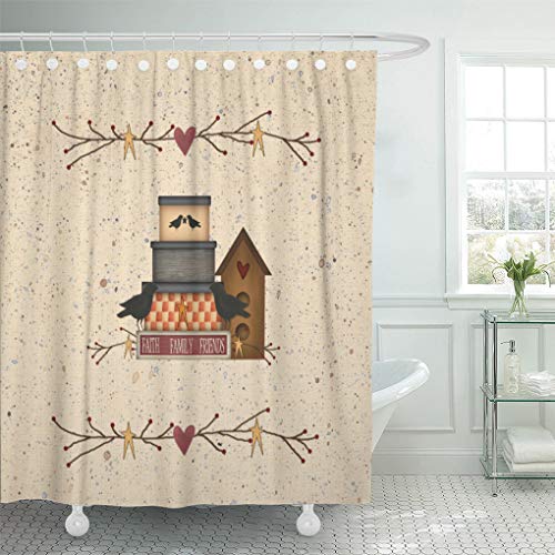 Product Cover Semtomn Shower Curtain Waterproof Polyester Fabric 72 x 72 inches Heart Primitive Faith Family Friends Country Pip Berry Birdhouse Set with Hooks Decorative Bathroom Curtains