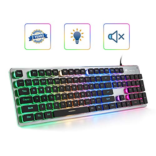 Product Cover LANGTU Membrane Gaming Keyboard, Colorful LED Backlit Quiet Keyboard for Study, All-Metal Panel USB Wired 25 Keys Anti-ghosting Computer Keyboard 104 Keys - L1 Black/Silver