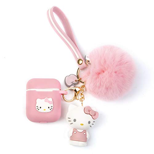Product Cover iFiLOVE Compatible with Airpods Case, Cute Cartoon Cat Soft Silione Shockproof Protective with Doll Plush Ball and Wristband Case Cover Skin for Apple Airpods 1 & 2 Charging Case