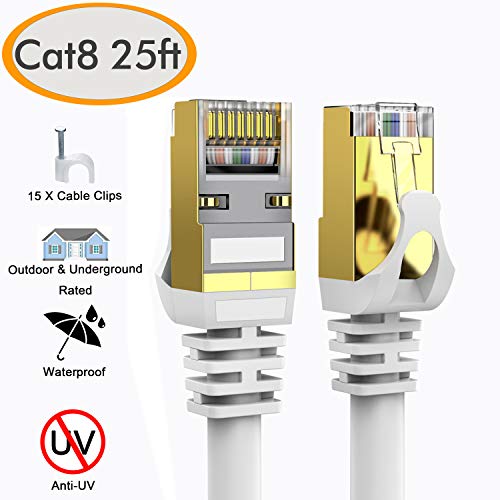 Product Cover Cat 8 Ethernet Cable 25 ft Shielded, 26AWG Lastest 40Gbps 2000Mhz SFTP Patch Cord, Heavy Duty High Speed Cat8 LAN Network RJ45 Cable- in Wall, Outdoor, Weatherproof Rated for Router, Modem, Gaming