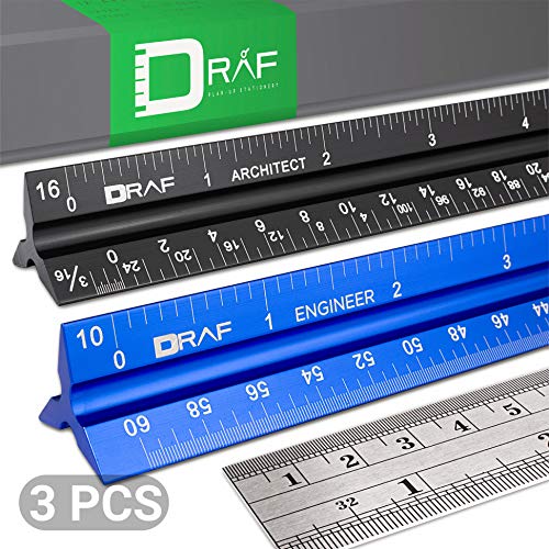 Product Cover 12-Inch Architectural and Engineering Scale Ruler Set (Imperial) | Laser-Etched Aluminum Triangular Drafting Tool | for Architect and Civil Engineer Blueprints | Standard Metal Ruler Included