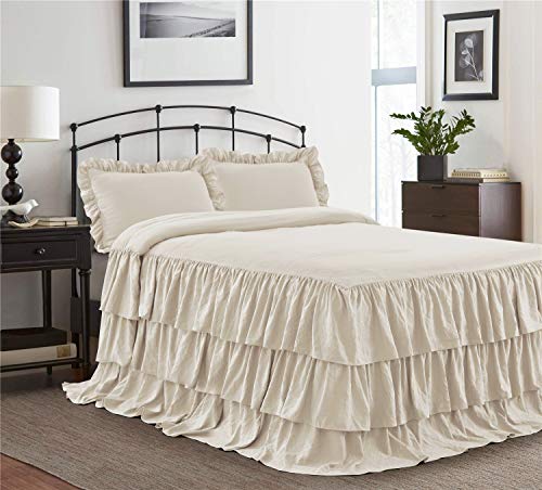 Product Cover HIG 3 Piece Ruffle Skirt Bedspread Set Queen-Ivory Color 30 inches Drop Ruffled Style Bed Skirt Coverlets Bedspreads Dust Ruffles- Echo Bedding Collections Queen Size-1 Bedspread, 2 Standard Shams