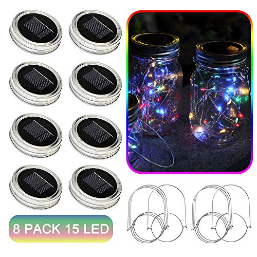 Product Cover SunKite Solar Mason Jar Lights, 8 Pack 15 LED Waterproof Fairy Firefly Jar Lids String Lights with Hangers(NO Jars), Patio Yard Garden Wedding Easter Decoration - Multicolor