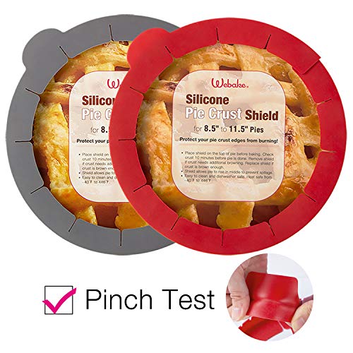 Product Cover Webake Pie Crust Protector Shield Adjustable Pie Crust Shield Fits 11.5-9 Inch Pie Pan, European Food Grade Silicone Pinch Test Passed, for Baking Halloween Party Pie Tart, Pack of 2, Red and Grey