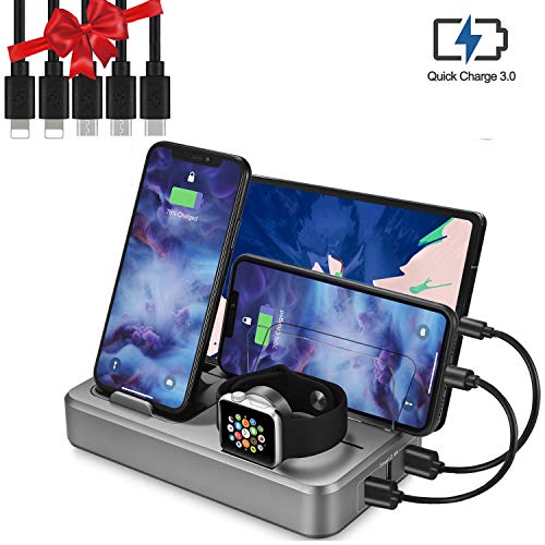 Product Cover Sendowtek USB Charging Station Multi Devices 5-Port 50W Fast Charger Docking Station QC 3.0 Desktop Watch Stand Organizer 5 Mixed Cables for Android Phone,Tablet and Other Electronic Devices UL Listed