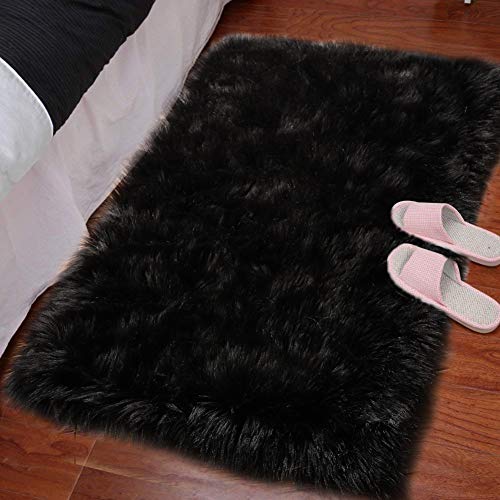 Product Cover LOCHAS Silky Soft Faux Fur Sheepskin Rug 2'x3', Fluffy Bedside Rugs for Bedroom Thick Floor Wool Carpet, Machine Washable, Black
