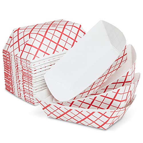 Product Cover The Candery Hot Dog Accessories Set- 100 Red/White Hot Dog Trays for Carnivals, BBQs, Picnics, Concession Stands (Trays)