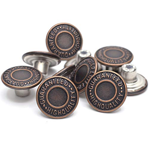 Product Cover 17mm Brass Jeans Buttons, No Sew Metal Buttons Tack Buttons Replacement Kit (Red Copper)