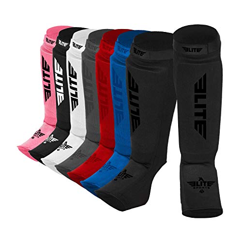 Product Cover Elite Sports Muay Thai MMA Kickboxing shin Guards, Instep Guard Sparring Protective Leg shin Kick Pads for Kids and Adults (S-M, Black/Black)