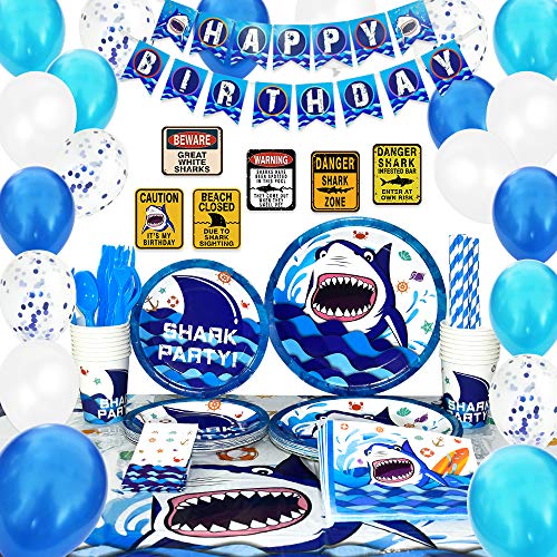 Product Cover WERNNSAI Shark Party Supplies Set - Blue Ocean Pool Party Decorations for Boys Kids Birthday Banner Signs Balloons Cutlery Bag Tablecloth Plates Cups Napkins Straws Utensils Serves 16 Guests 175 PCS