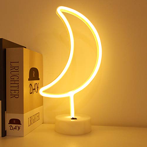 Product Cover BHCLIGHT LED Moon Neon Light Signs Room Decor with Holder Base Night Lights Indoor Decor Battery Operated Light up Sign Bedside Table Lamps Neon Signs for Home Decoration