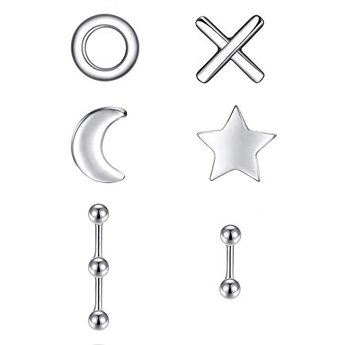 Product Cover 2 Pair Sterling Silver Stud Earrings Cross Circle(XO); Moon Star; Two & Three Bead Ball for Teenager Girls Women Men