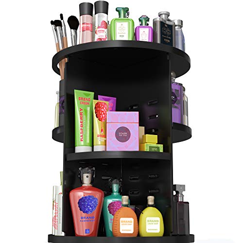 Product Cover 360 Rotating Makeup Organizer for Bathroom - Cosmetic Organizer for Vanity -Cosmetic Storage Display Holder - Makeup Carousel for Bedroom - Adjustable Cosmetic Stand Black