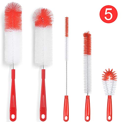 Product Cover ALINK 5-Pack Red Bottle Brush Cleaner Set - Long Large Cleaing Brush for Narrow Neck Wine/Beer Bottles, Hydro Flask, Thermos, Hummingbird feeder, S'Well, Water Bottles, Spout/Lid Brush, Straw Brush