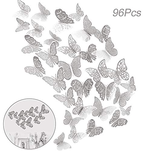 Product Cover Creatiee 96Pcs Butterfly Wall Sticker Decal, Metallic 3D Art Mural Decoration DIY Flying Decor for Kids Bedroom Home Party Nursery Classroom Offices Décor - Removable & Multi-Style(Silver)