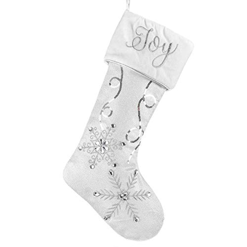 Product Cover Valery Madelyn 21 inch Frozen Winter Silver White Christmas Stockings with Rhinestone, Embroidered Snowflakes and Velvet Cuff, Themed with Tree Skirt (Not Included)
