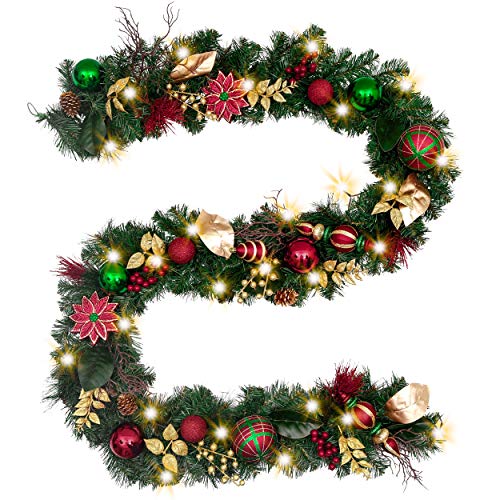 Product Cover Valery Madelyn Pre-Lit 9 Feet/106 Inch Farmhouse Road Red Green Gold Christmas Garland with Ball Ornaments, Berries, Pine Cones, Ribbons and Flowers, Battery Operated 40 LED Lights