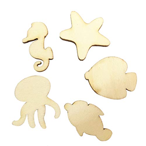 Product Cover Amosfun 50pcs Unfinished Wood Cutouts Sea Animal Star Fish Shaped Wood Pieces for Kids DIY Art Craft Home Decoration (Random Pattern)