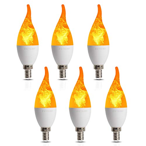 Product Cover 6 Pack LED Simulated Fire Flicker Flame Candelabra Bulbs,Flickering E12 Flame Effect Light,3 Lighting Modes Emulation, General, Breathing,for Indoor and Outdoor Decoration e.g. Home Hotel Bar Party