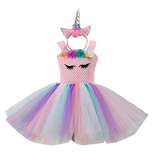 Product Cover Kids Girls Tutu Unicorn Party Fancy Dress for Cosplay Festival Performance Birthday Wedding Carnival Halloween Ball Gown (Color2, 8-9 Years)