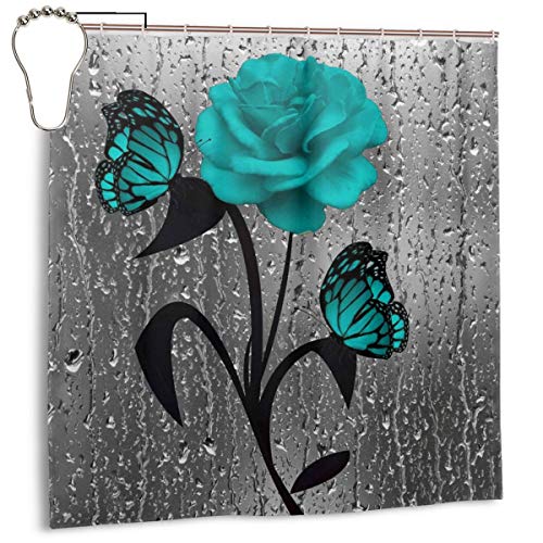 Product Cover Amonee-YL Teal Gray Rose Flower Butterflies Bath Polyester Fabric Shower Curtain Sets with 10 Hooks,Modern Bathroom Home Decor