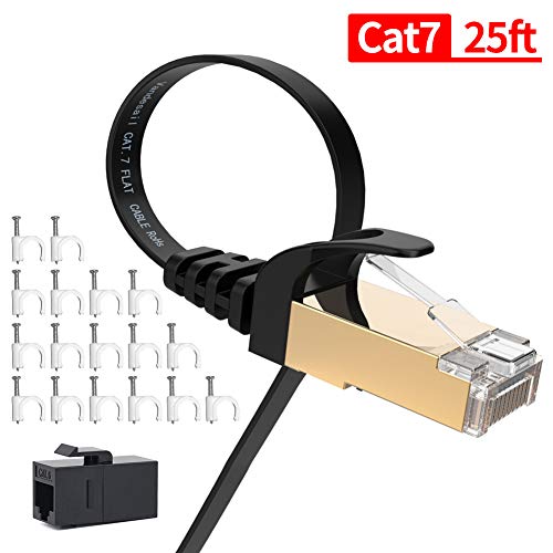 Product Cover Cat7 Ethernet Cable 25 ft, VANDESAIL LAN Network Cable Cat 7, Flat Internet Cables with RJ45 Connector for Router, Modem, Gaming, Xbox （25ft, Black）