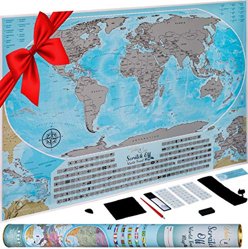 Product Cover Scratch Off Map of The World - 24 x 36 Large and Very Detailed Travel Map with Flags by Wishes and Smiles - Hang on Wall Using a Standard Poster Frame - Blue and Silver Unique Art for a Perfect Gift