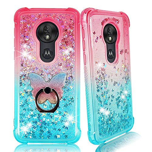 Product Cover Moto G7 Power Clear Case, ZASE [Liquid Glitter Sparkle Bling] for Moto G7 Power, Moto G7 Supra Protective Cover 3D Waterfall Floating Butterflies [Shockproof Bumper] w/Phone Ring (Gradient Pink Aqua)