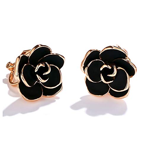 Product Cover Acefeel 18K Rose Gold Plated Big Rose Flower Clip On Earrings with Black Enamel for Women 15mm