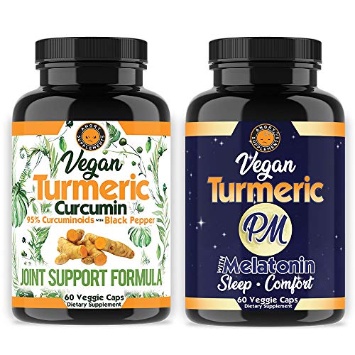 Product Cover Vegan Turmeric + Turmeric PM Sleep Aid w. Melatonin (2 Month Supply) 95% Curcuminoids All-Natural Antioxidant for Joint Support + Pain Relief, Sleeping Pills for Relaxation (2-Bottles, 120 Count)