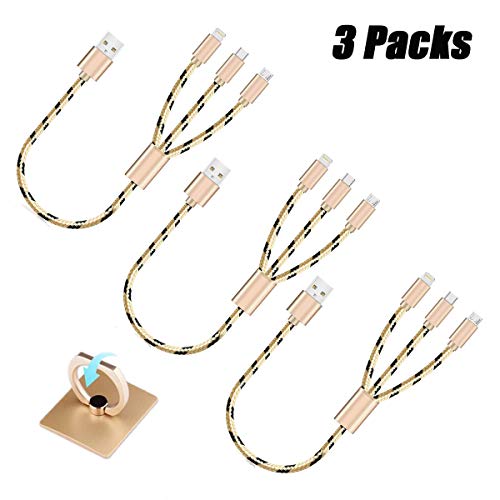 Product Cover eLUUGIE 3 Packs Short Multi USB Charging Cable Fast Charger Cord 3 in 1 USB Type C, Micro USB and L Connectors Compatible with All Most Cell Phones Universal Phone Charger Cable (Gold/1ft)