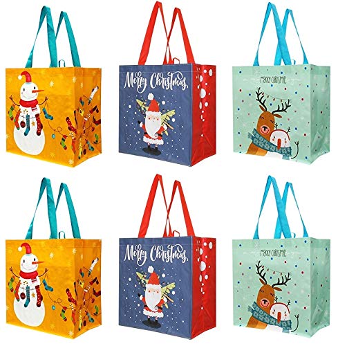 Product Cover Earthwise Reusable Grocery Bags Holiday Shopping Gift Tote Sets Extremely Durable Foldable and Stylish Assorted Variety of Christmas Xmas Designs (Pack of 6)