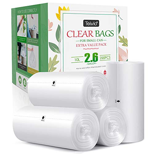 Product Cover 2.6 Gallon 220 Counts Strong Trash Bags Garbage Bags by Teivio, Bathroom Trash Can Bin Liners, Small Plastic Bags for home office kitchen,fit 10 Liter, 2,2.5,3 Gal, Clear