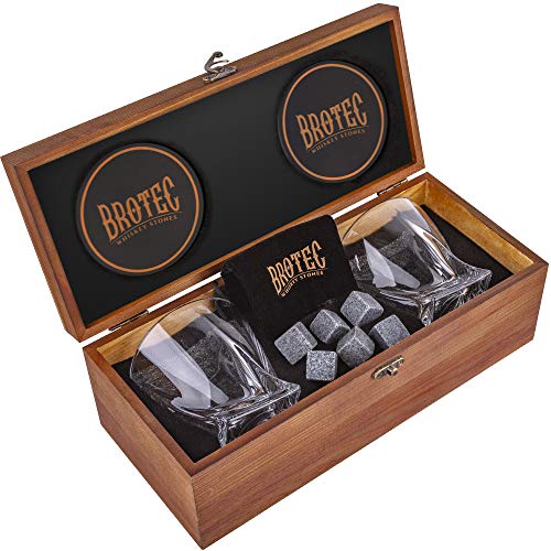 Product Cover Whiskey Glass Gift Set of 2 - Whisky Rocks Chilling Stones & 2 Bourbon Glasses - Perfect Gifts For Men - Large 10oz Premium Lead-Free Crystal Whiskey Glass And Stone Set - Glassware in Wooden Gift Box