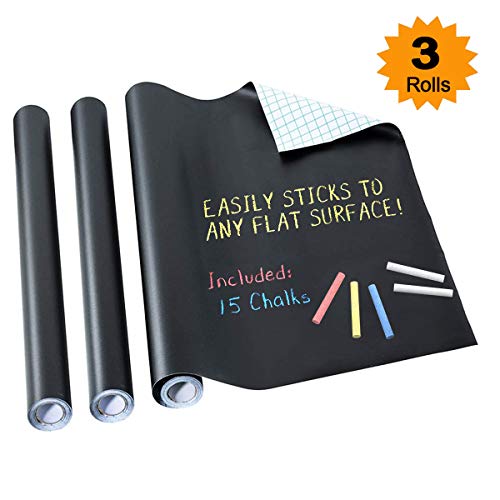 Product Cover Pack of 3 Chalkboard Contact Paper Roll, Yoklili Large Chalk Board Paint Alternative Wallpaper - Adhesive Blackboard Wall Decal Vinyl/Stickers w/Bonus Chalks, Eraseble Cuttable Removable, 17