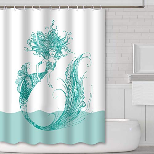 Product Cover Tititex Mermaid Shower Curtain White Decor Goldfish Tail Green Mermaid Mythological Young Girl Cartoon Series Bathroom Shower Curtain Sets with Hooks 69x70 Inch