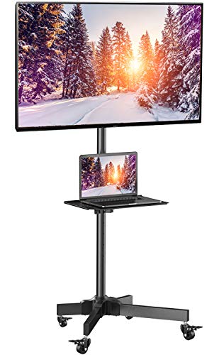 Product Cover Mobile TV Cart with Wheels for 23-55 Inch LCD LED Plasma Flat Screen TVs - Height Adjustable Shelf Stand Holds up to 55lbs - Movable Monitor Holder with Tray Max VESA 400x400mm