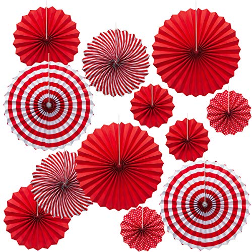 Product Cover ONUPGO Red Paper Fans Hanging Paper Fans Flower Set, 12PCS Mexican Fiesta Kids Party Decorations Hanging Banner for Wedding Birthday Engagement Bridal Shower Baby Shower Event Holiday Celebration