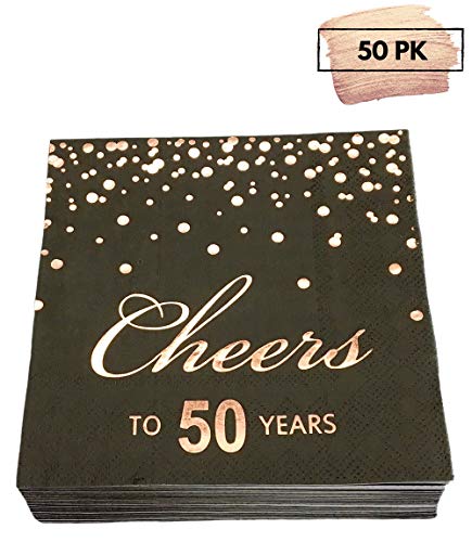 Product Cover Rose Gold Foil Cocktail Napkins with Cheer 50 Years | Folded 5 x 5 Inches Disposable Party Napkins | 3-Ply Paper Beverage Napkins for 50th Birthday Decorations, Wedding Anniversary, Retirement, Black