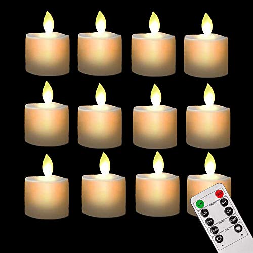 Product Cover Pack of 12 Realistic and Bright Flickering Bulb Flameless LED Tea Light Fake Flameless Candles with Timer,Battery Operated Warm White with Dancing Flickering Bulb for Christmas/Wedding/Birthday Party